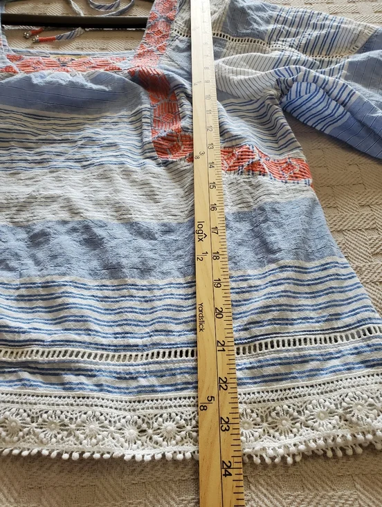 Democracy Blue Striped Boho Peasant Top with Red Embroidery and Lace Trim - Picture 4 of 14